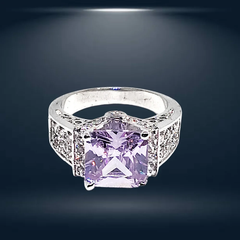 Princess-Cut Brilliant Amethyst Color Stone Cocktail Silver Ring